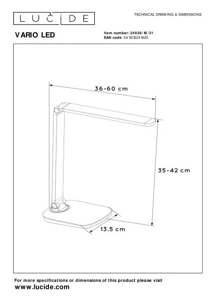 Lucide VARIO LED - Lampe de bureau - LED Dim to warm - 1x8W 2700K/6500K - Blanc - TECHNISCH